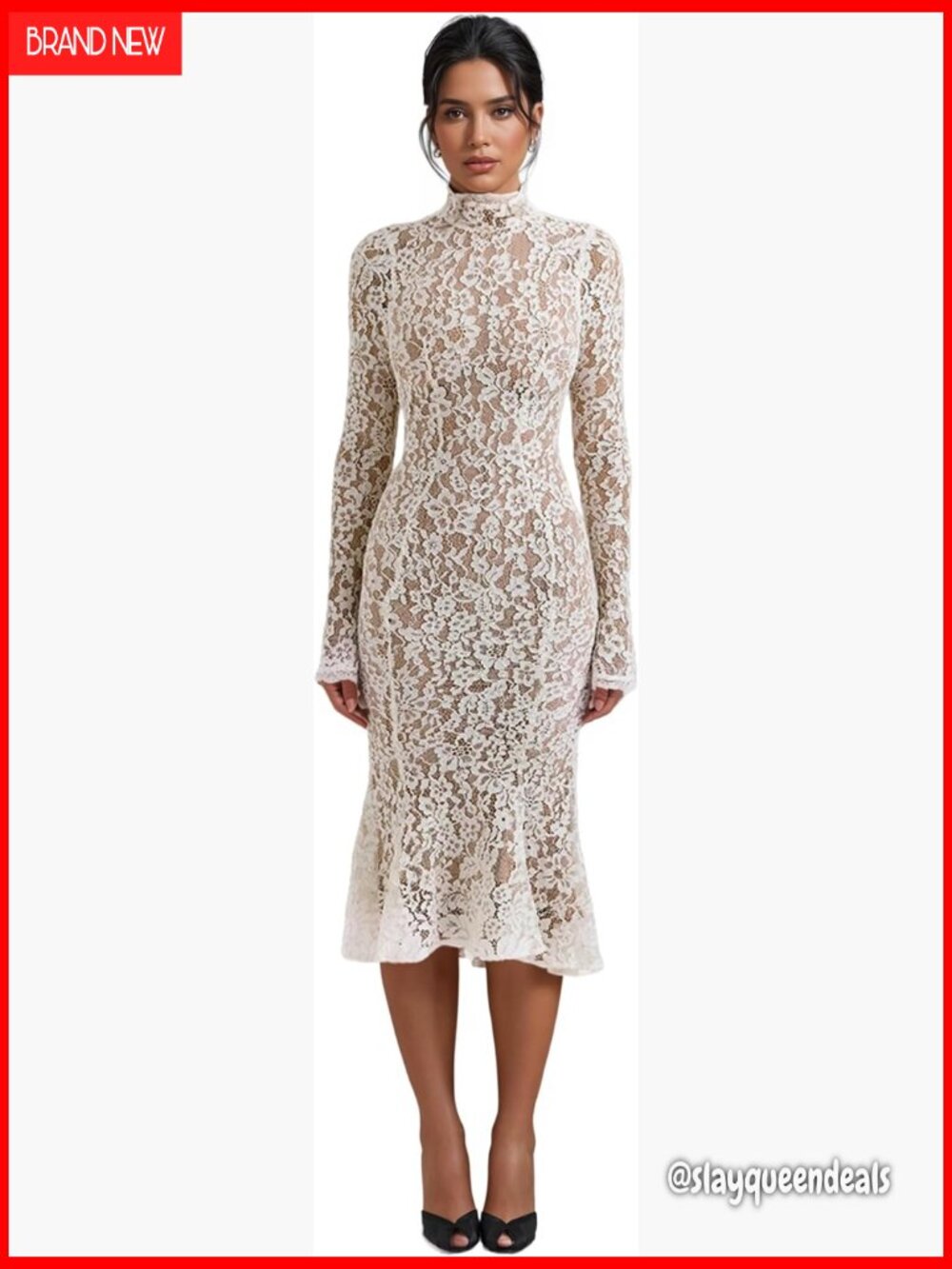 Mock Neck Floral Lace Long Sleeve Midi Dress with Back Zipper